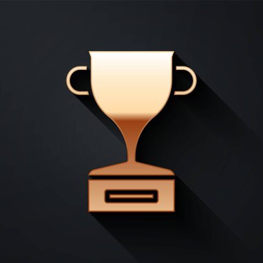 Altın ödüllü kupa simgesi siyah arkaplanda izole edilmiş. Galibiyet ödülü sembolü. Şampiyonluk ya da yarışma kupası. Spor başarısı işareti. Uzun gölge tarzı. Vektör İllüstrasyonu