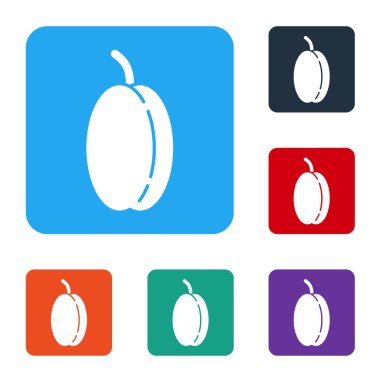 Beyaz Erik meyvesi ikonu beyaz arkaplanda izole edilmiş. Renkli kare düğmelerle simgeleri ayarla. Vektör İllüstrasyonu