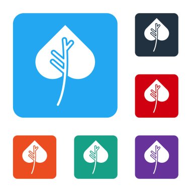 Beyaz Yaprak simgesi beyaz arkaplanda izole edildi. İşaret bırakıyor. Taze doğal ürün sembolü. Renkli kare düğmelerle simgeleri ayarla. Vektör İllüstrasyonu