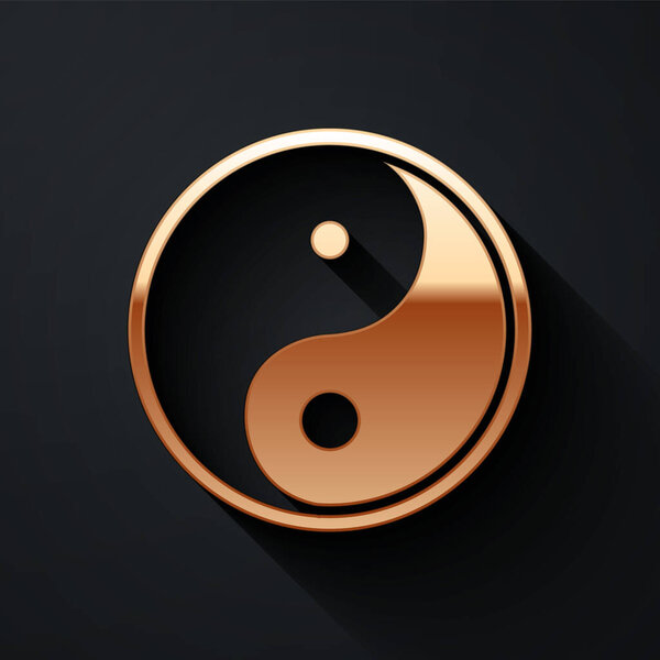 Gold Yin Yang symbol of harmony and balance icon isolated on black background. Long shadow style. Vector Illustration