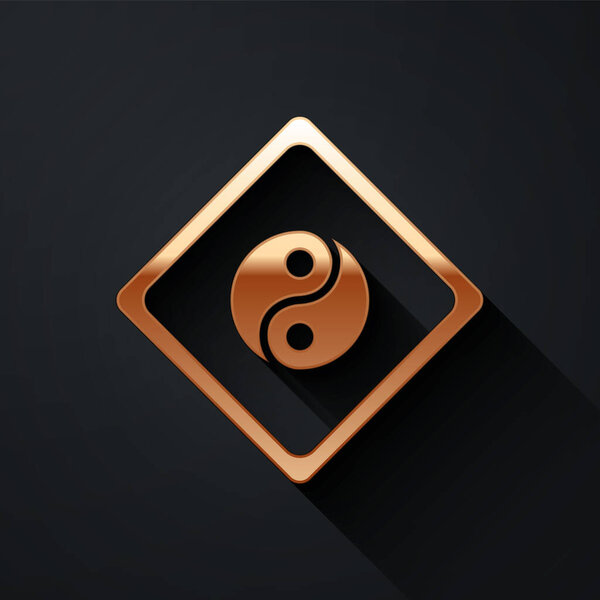 Gold Yin Yang symbol of harmony and balance icon isolated on black background. Long shadow style. Vector Illustration