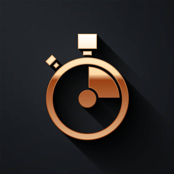Gold Fast time delivery icon isolated on black background. Timely service, stopwatch in motion, deadline concept, clock speed. Long shadow style. Vector Illustration