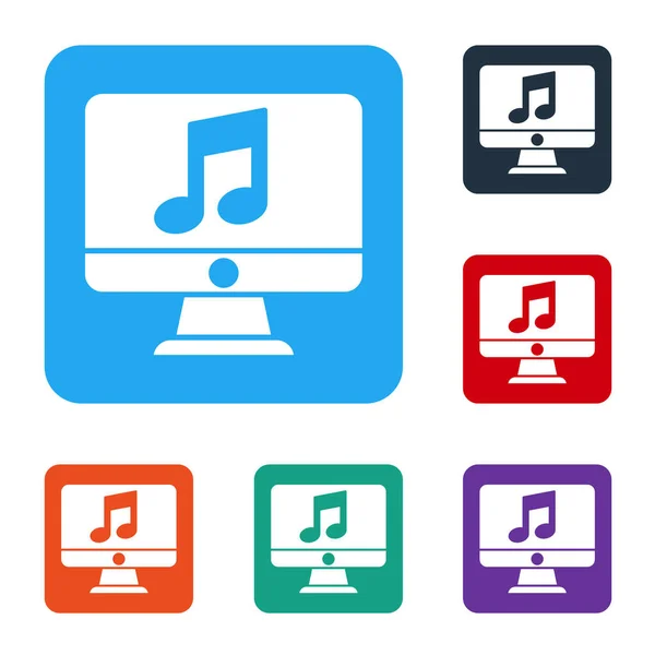 Witte Computer Met Muzieknoot Symbool Het Scherm Pictogram Geïsoleerd Witte — Stockvector