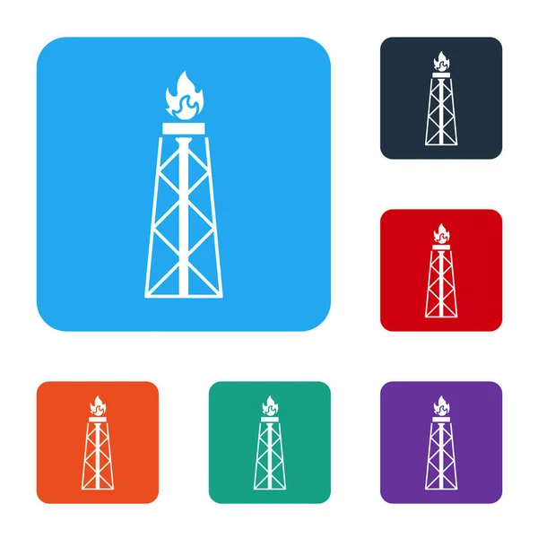 Weiße Ölplattform Mit Feuer Symbol Isoliert Auf Weißem Hintergrund Gasturm — Stockvektor