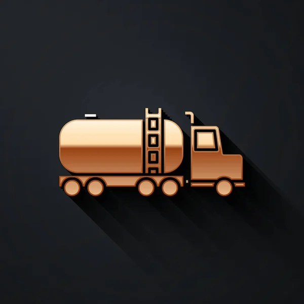 Gouden Tankwagen Pictogram Geïsoleerd Zwarte Achtergrond Aardolietanker Benzinetruck Reservoir Olietrailer — Stockvector