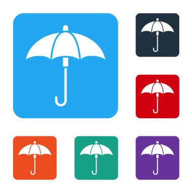 Beyaz arka planda izole edilmiş beyaz klasik açık şemsiye simgesi. Yağmur koruma sembolü. Renkli kare düğmelerle simgeleri ayarla. Vektör İllüstrasyonu