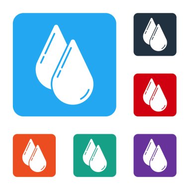 Beyaz arka planda beyaz su damlası simgesi izole edildi. Renkli kare düğmelerle simgeleri ayarla. Vektör İllüstrasyonu