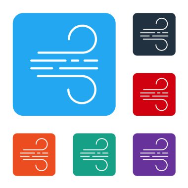 Beyaz Rüzgar simgesi beyaz arkaplanda izole edildi. Rüzgarlı bir hava. Renkli kare düğmelerle simgeleri ayarla. Vektör İllüstrasyonu