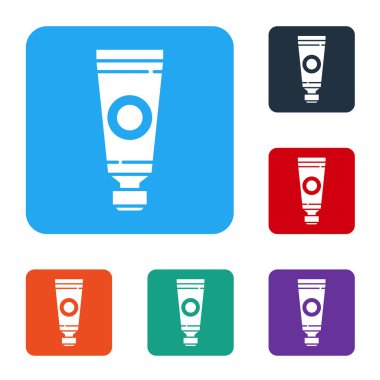 Beyaz arka planda izole edilmiş beyaz renkli palet simgesi. Renkli kare düğmelerle simgeleri ayarla. Vektör İllüstrasyonu