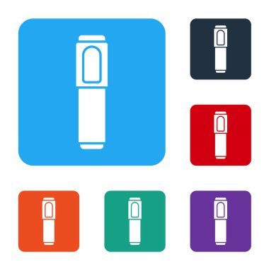 Beyaz İşaretli kalem simgesi beyaz arkaplanda izole edildi. Renkli kare düğmelerle simgeleri ayarla. Vektör İllüstrasyonu