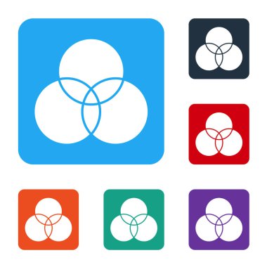 Beyaz Rgb ve Cmyk renk karıştırma simgesi beyaz arkaplanda izole. Renkli kare düğmelerle simgeleri ayarla. Vektör İllüstrasyonu