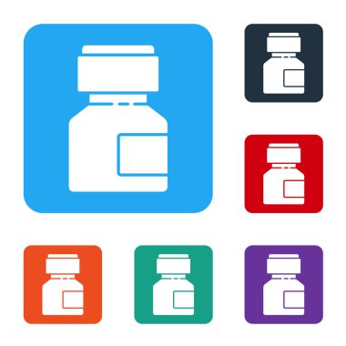 Beyaz boya, guaj, kavanoz, beyaz arka planda izole edilmiş boya ikonu. Renkli kare düğmelerle simgeleri ayarla. Vektör İllüstrasyonu