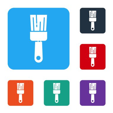Beyaz boya fırçası simgesi beyaz arkaplanda izole edildi. Renkli kare düğmelerle simgeleri ayarla. Vektör İllüstrasyonu