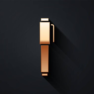 Siyah arkaplanda izole edilmiş altın kalem simgesi. Uzun gölge tarzı. Vektör İllüstrasyonu