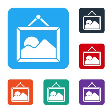 Beyaz Resim manzara simgesi beyaz arkaplanda izole edildi. Renkli kare düğmelerle simgeleri ayarla. Vektör İllüstrasyonu