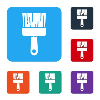 Beyaz boya fırçası simgesi beyaz arkaplanda izole edildi. Renkli kare düğmelerle simgeleri ayarla. Vektör İllüstrasyonu
