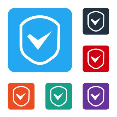 Beyaz arkaplanda işaretleme simgesi olan Beyaz Kalkan. Güvenlik, güvenlik, koruma, gizlilik kavramı. Kene izi onaylandı. Renkli kare düğmelerle simgeleri ayarla. Vektör İllüstrasyonu