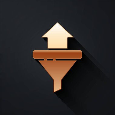 Altın Satış hunisi ve pazarlama için oklar ve girişim simgesi siyah arka planda izole edilmiş. Bilgi şablonu. Uzun gölge tarzı. Vektör İllüstrasyonu