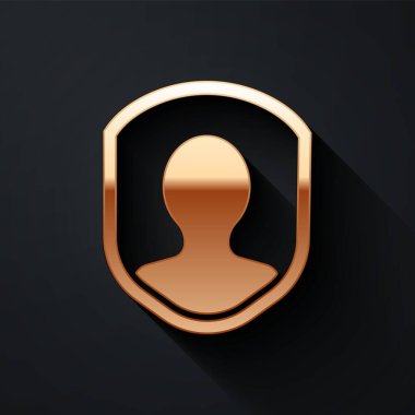 Altın Kullanıcı koruma simgesi siyah arkaplanda izole edildi. Güvenli kullanıcı girişi, şifre koruması, kişisel veri koruması, kimlik doğrulaması. Uzun gölge tarzı. Vektör İllüstrasyonu