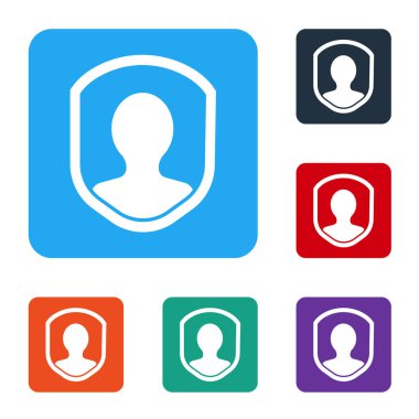 Beyaz Kullanıcı koruma simgesi beyaz arkaplanda izole edildi. Güvenli kullanıcı girişi, şifre koruması, kişisel veri koruması, kimlik doğrulaması. Renkli kare düğmelerle simgeleri ayarla. Vektör İllüstrasyonu