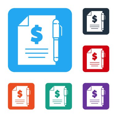 Beyaz Kontrat parası ve kalem simgesi beyaz arka planda izole edildi. Bankacılık belgeleri dolar finans para sayfası. Renkli kare düğmelerle simgeleri ayarla. Vektör İllüstrasyonu