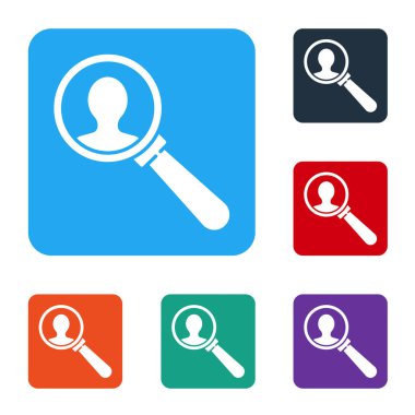 Beyaz arka planda izole edilmiş bir insan simgesini aramak için beyaz büyüteç. İşe alma ya da seçme. Çalışanları ve işi ara. Renkli kare düğmelerle simgeleri ayarla. Vektör İllüstrasyonu