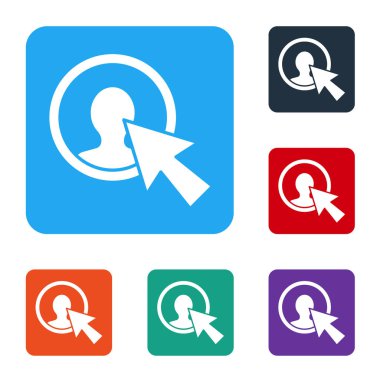 Beyaz takım elbiseli adam simgesi beyaz arka planda izole edildi. İş simgesi - kullanıcı profili simgesi. Erkek kullanıcı işareti. Renkli kare düğmelerle simgeleri ayarla. Vektör İllüstrasyonu