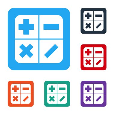 Beyaz Hesap Makinesi simgesi beyaz arkaplanda izole edildi. Muhasebe sembolü. İş hesaplamaları matematik eğitimi ve finans. Renkli kare düğmelerle simgeleri ayarla. Vektör İllüstrasyonu