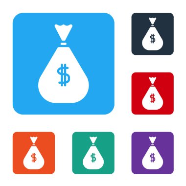 Beyaz Para Çantası simgesi beyaz arkaplanda izole edildi. Dolar ya da Usd sembolü. Nakit bankacılık tabelası. Renkli kare düğmelerle simgeleri ayarla. Vektör İllüstrasyonu
