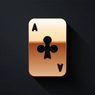 Siyah zemin üzerinde kulüp sembolü olan altın iskambil kartı. Kumarhane kumarı. Uzun gölge tarzı. Vektör İllüstrasyonu