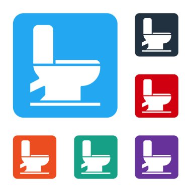 Beyaz klozet ikonu beyaz arka planda izole edilmiş. Renkli kare düğmelerle simgeleri ayarla. Vektör İllüstrasyonu