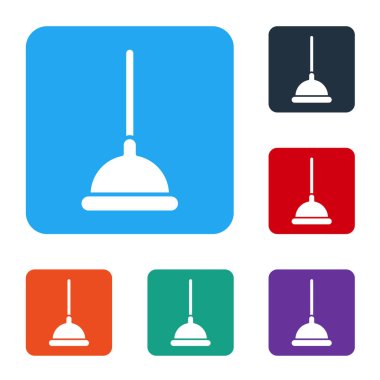 Beyaz arka planda izole edilmiş boru temizleme ikonu için ahşap saplı beyaz lastik pompa. Tuvalet pompası. Renkli kare düğmelerle simgeleri ayarla. Vektör İllüstrasyonu