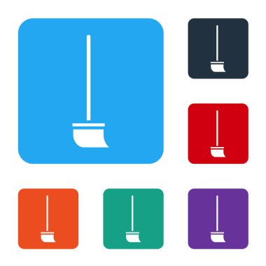 Beyaz Paspas simgesi beyaz arkaplanda izole edildi. Temizlik hizmeti konsepti. Renkli kare düğmelerle simgeleri ayarla. Vektör İllüstrasyonu