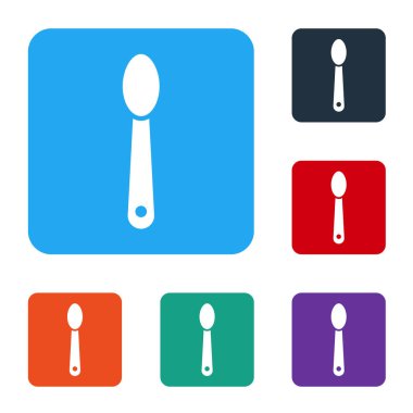 Beyaz arka planda izole edilmiş bir kaşık ikonunda beyaz eroin. Uyuşturucu bağımlılığı ve uyuşturucu bağımlılığı kavramı. Bağımlı yaşam tarzı. Renkli kare düğmelerle simgeleri ayarla. Vektör İllüstrasyonu