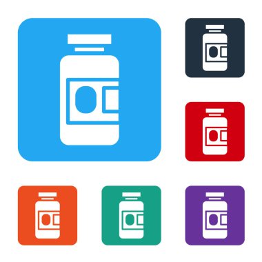 Beyaz ilaç şişesi ve beyaz arka planda izole edilmiş hap ikonu. Şişe hapı işareti. Eczane tasarımı. Renkli kare düğmelerle simgeleri ayarla. Vektör İllüstrasyonu