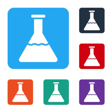 Beyaz test tüpü ve kimyasal test ikonu beyaz arka planda izole edildi. Laboratuvar cam levhası. Renkli kare düğmelerle simgeleri ayarla. Vektör İllüstrasyonu