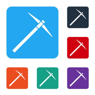 Beyaz Kazma simgesi beyaz arkaplanda izole edildi. Renkli kare düğmelerle simgeleri ayarla. Vektör İllüstrasyonu