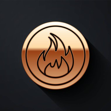 Siyah arkaplanda izole edilmiş altın ateş ikonu. Uzun gölge tarzı. Vektör İllüstrasyonu