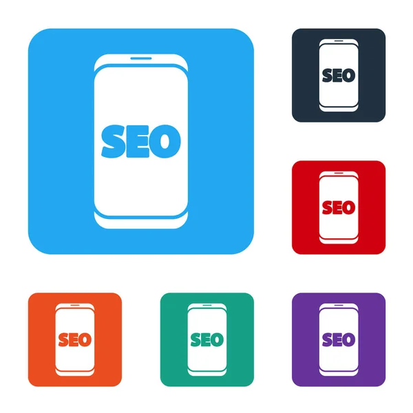 Witte Mobiele Telefoon Seo Optimalisatie Concept Pictogram Geïsoleerd Witte Achtergrond — Stockvector