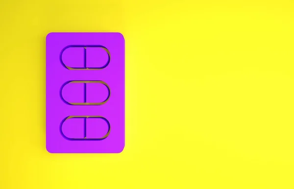 Paarse Pillen Blisterverpakking Pictogram Geïsoleerd Gele Achtergrond Medicijnpakket Voor Tablet — Stockfoto