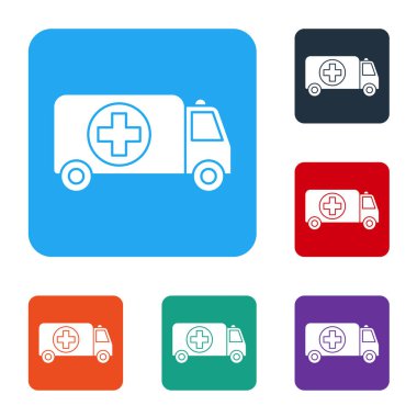 Beyaz ambulans ve acil durum arabası ikonu beyaz arka planda izole edildi. Ambulans aracı tıbbi tahliye. Renkli kare düğmelerle simgeleri ayarla. Vektör İllüstrasyonu