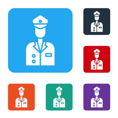 Beyaz Pilot simgesi beyaz arkaplanda izole edildi. Renkli kare düğmelerle simgeleri ayarla. Vektör İllüstrasyonu