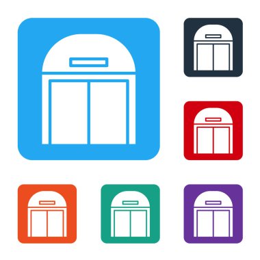 Beyaz uçak hangar simgesi beyaz arka planda izole edildi. Renkli kare düğmelerle simgeleri ayarla. Vektör İllüstrasyonu