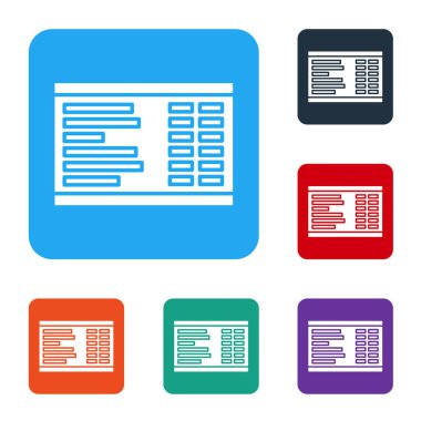 Beyaz Havalimanı tahta simgesi beyaz arkaplanda izole edildi. Mekanik skor tabelası. Havaalanındaki reklam panosundaki uçuş bilgileri. Renkli kare düğmelerle simgeleri ayarla. Vektör İllüstrasyonu