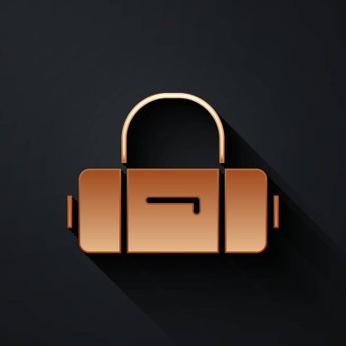 Seyahat simgesi için altın bavul siyah arkaplanda izole edildi. Seyahat bagaj tabelası. Seyahat bagaj ikonu. Uzun gölge tarzı. Vektör İllüstrasyonu