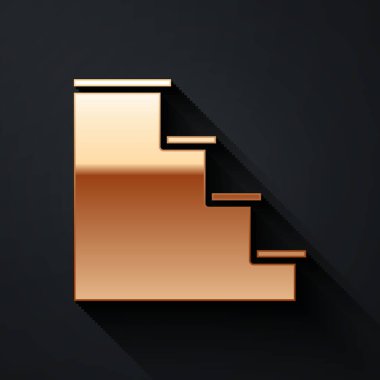 Altın merdiven simgesi siyah arkaplanda izole edildi. Uzun gölge tarzı. Vektör İllüstrasyonu