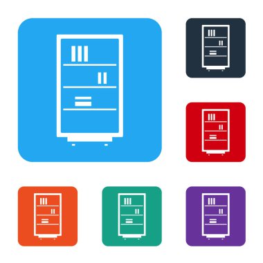 Beyaz Kütüphane kitaplığı simgesi beyaz arkaplanda izole edildi. Renkli kare düğmelerle simgeleri ayarla. Vektör İllüstrasyonu