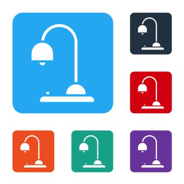 Beyaz masa lambası simgesi beyaz arkaplanda izole edildi. Renkli kare düğmelerle simgeleri ayarla. Vektör İllüstrasyonu