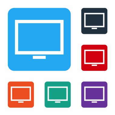 Masa simgesindeki beyaz resim çerçevesi beyaz arkaplanda izole edilmiş. Renkli kare düğmelerle simgeleri ayarla. Vektör İllüstrasyonu