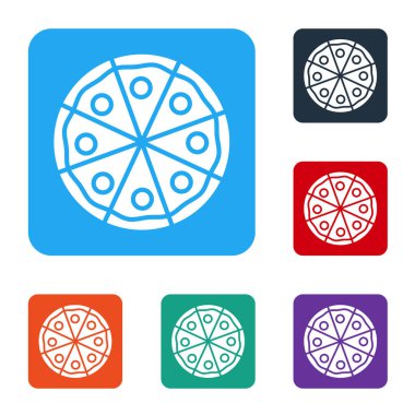 Beyaz pizza simgesi beyaz arkaplanda izole edilmiş. Fast food menüsü. Renkli kare düğmelerle simgeleri ayarla. Vektör İllüstrasyonu